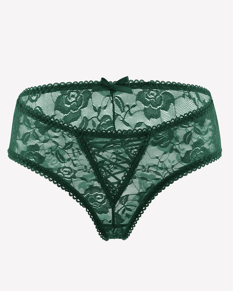 Green floral lace hollow-out boyshort panties with scalloped edges
