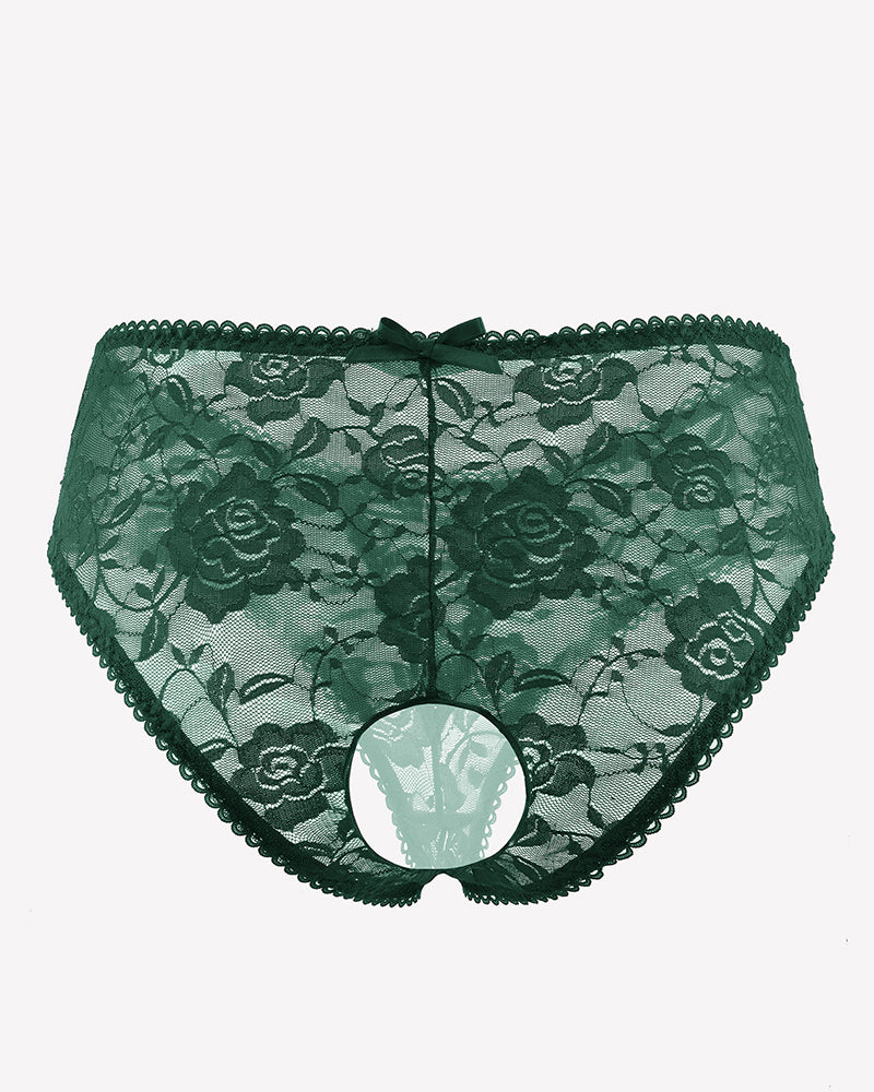 Green floral lace boyshort panties with lace waistband and hollow-out front panel
