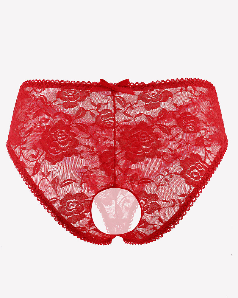 Red floral lace boyshort panties with scalloped edges and hollow-out detail