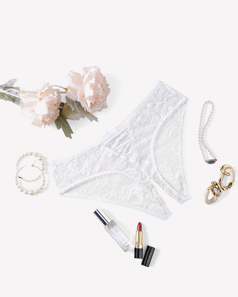 White floral lace boyshort panties with scalloped lace trim