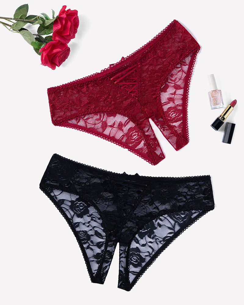 Wine-red and black lace boyshort panties with scalloped edges