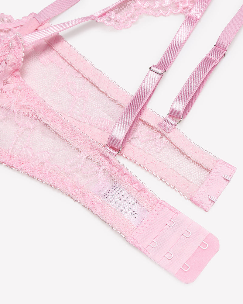 Pink lace bra and garter straps with hook-and-eye band