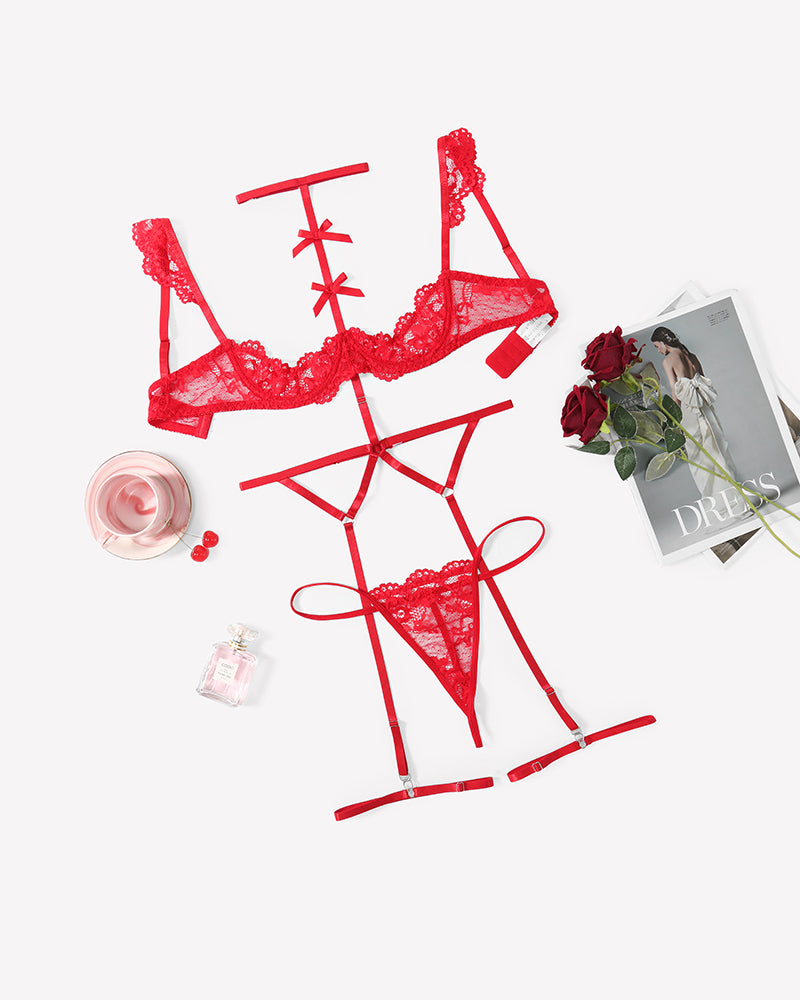 Red lace garter lingerie set with bra, choker, and thong-style bottoms