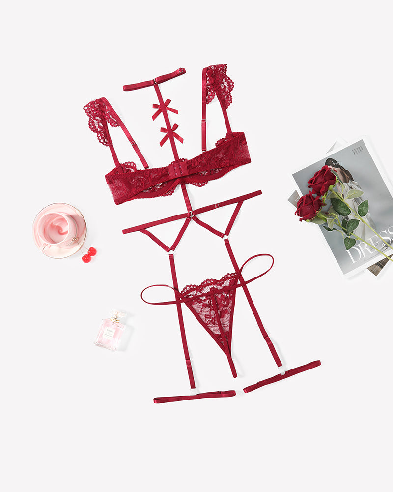 Wine-red lace garter lingerie set with bra, choker, and thong-style bottoms