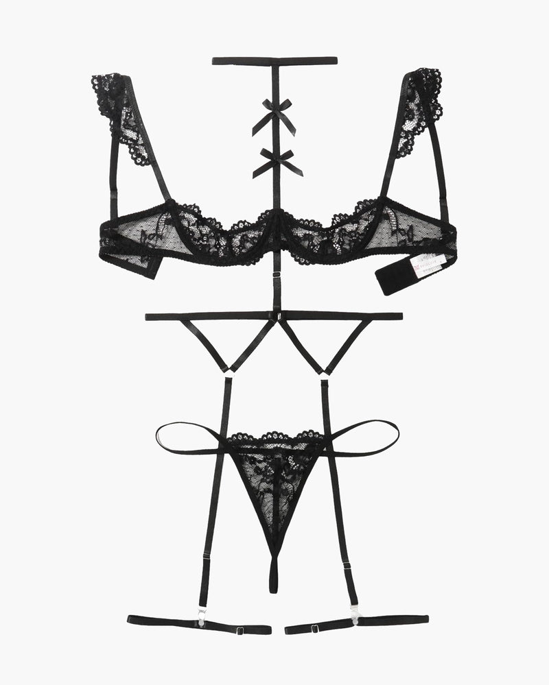 Black lace 4-piece lingerie set layout: bra, choker, garters, and thong