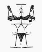 Black lace 4-piece lingerie set layout: bra, choker, garters, and thong