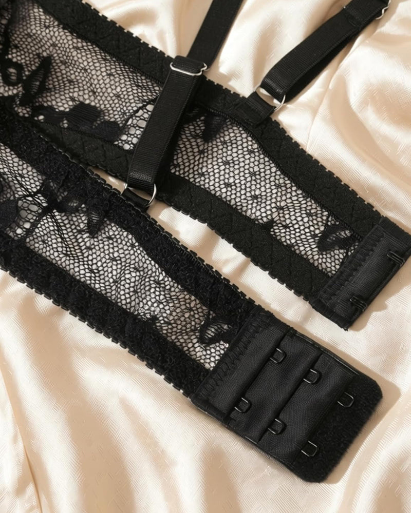 Black lace bra with adjustable hook-and-eye closure and straps