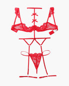 Red lace 4-piece lingerie set layout: bra, choker, garters, and thong