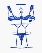 Blue lace garter lingerie set with bra, choker, and thong-style bottoms
