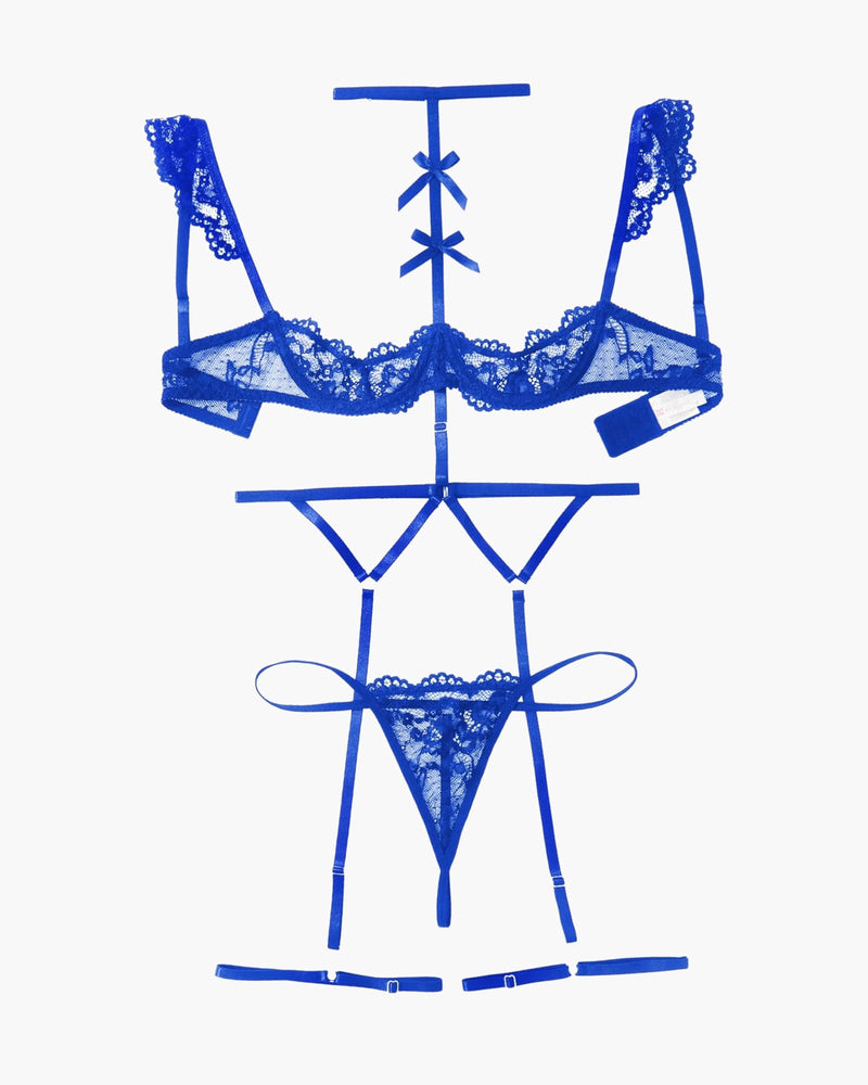 Blue lace garter lingerie set with bra, choker, and thong-style bottoms