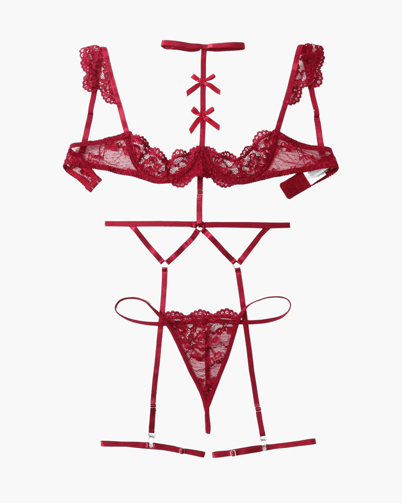 Red lace garter lingerie set with bra, choker, and thong-style bottoms