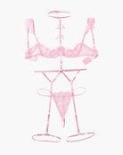 Pink lace 4-piece lingerie set layout: bra, choker, garters, and thong