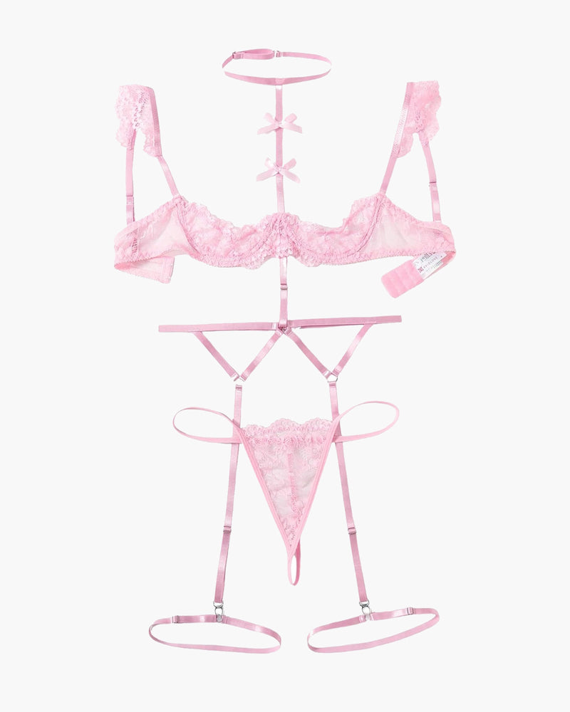 Pink lace 4-piece lingerie set layout: bra, choker, garters, and thong