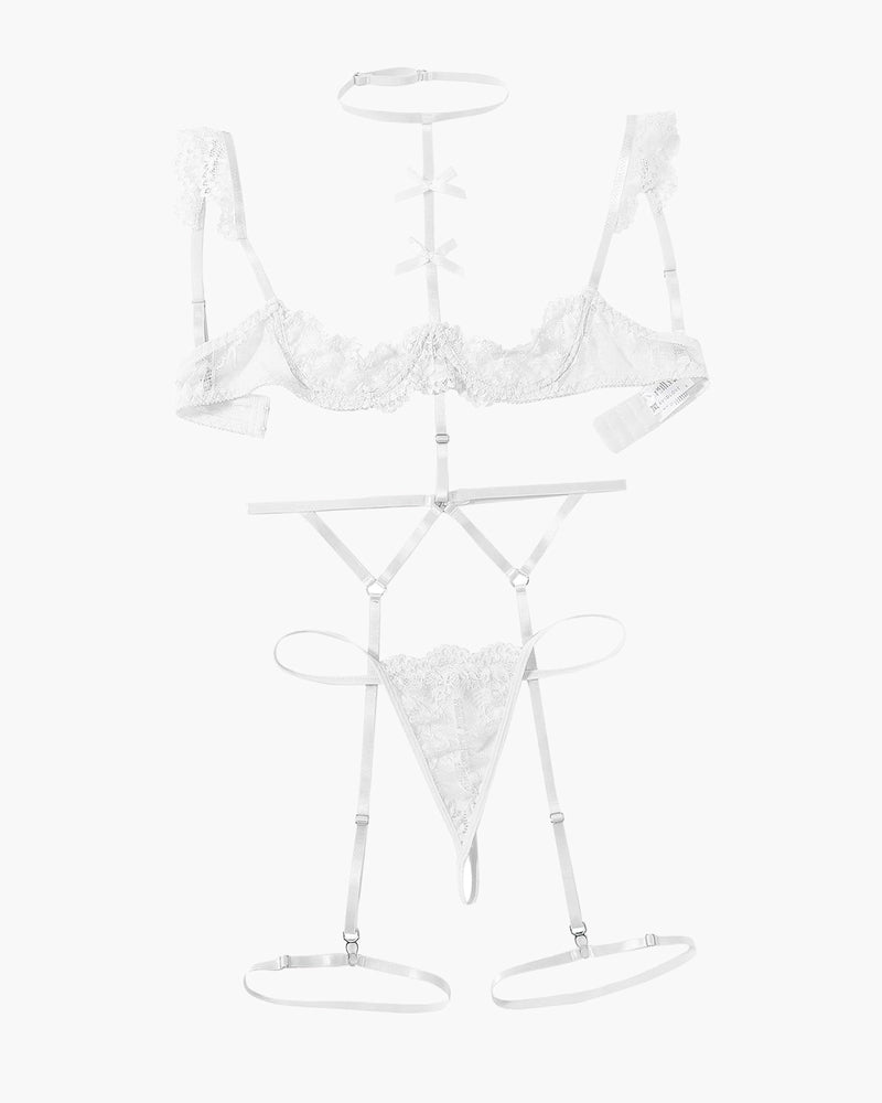 White lace 4-piece lingerie set layout: bra, choker, garters, and thong