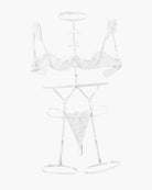 White lace 4-piece lingerie set layout: bra, choker, garters, and thong