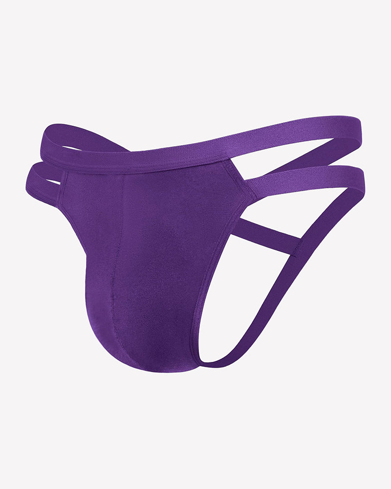 Men's purple jockstrap thong with side cutouts and 3D pouch
