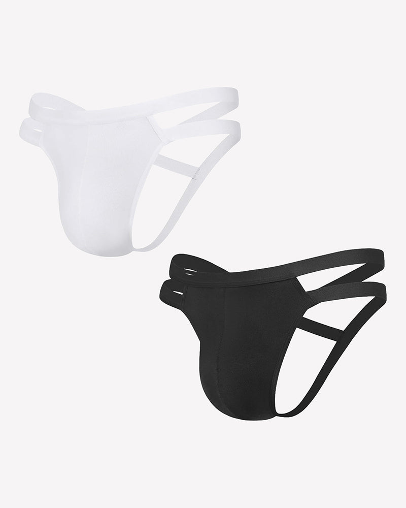 Two-pack men's jockstrap thongs: white and black with side cutouts and 3D pouch