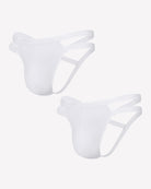 Two-pack men's white jockstrap thongs with side cutouts and 3D pouch