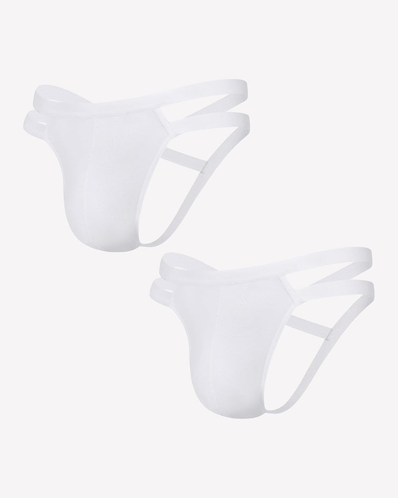 Two-pack men's white jockstrap thongs with side cutouts and 3D pouch