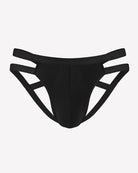 Men's black jockstrap thong with crisscross side openings and 3D pouch