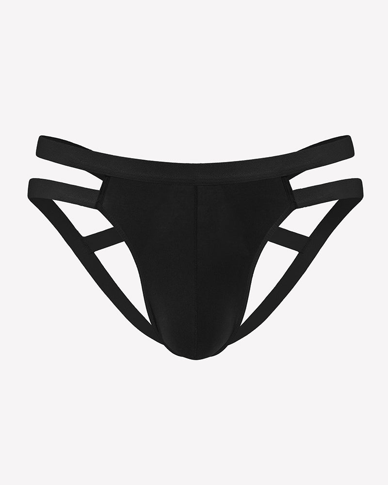 Men's black jockstrap thong with crisscross side openings and 3D pouch