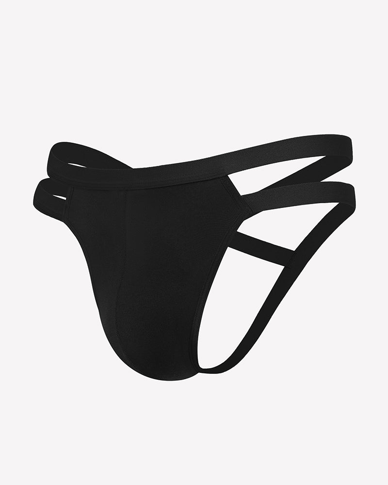 Men's black jockstrap thong with side cutouts and 3D pouch