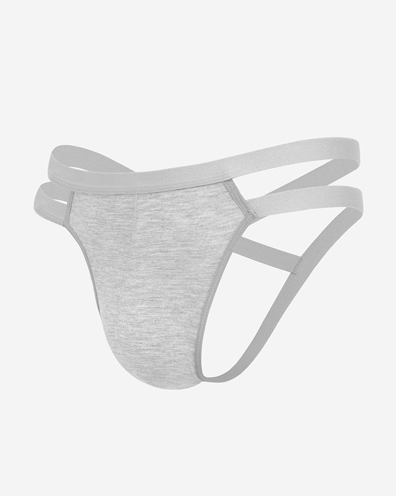 Men's gray jockstrap thong with side cutouts and 3D pouch
