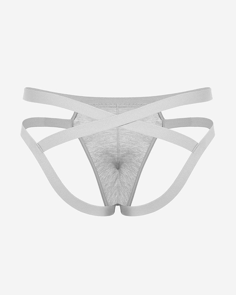 Men's thong-style jockstrap with 3D pouch, heather gray with crisscross sides