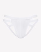 Men's thong-style jockstrap with 3D pouch, white with open side cutouts