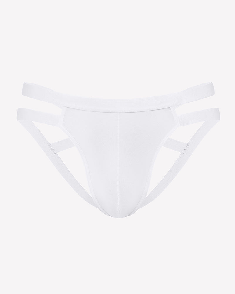 Men's thong-style jockstrap with 3D pouch, white with open side cutouts