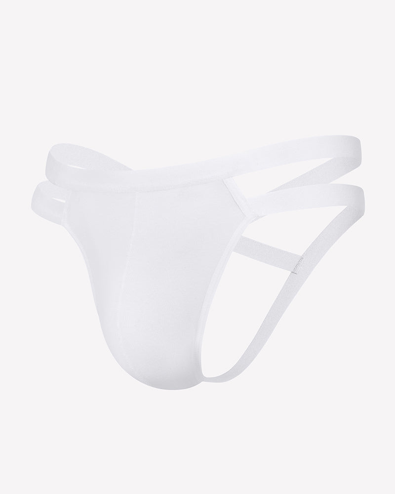 Men's white jockstrap thong with side cutouts and 3D pouch