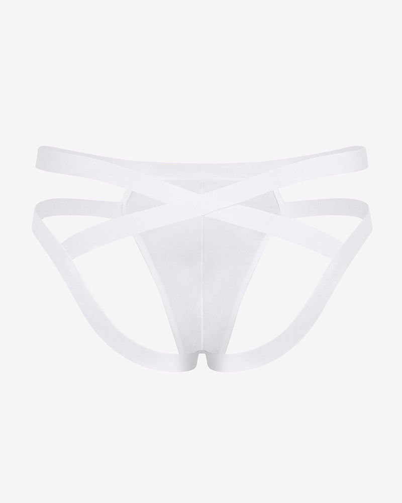Men's thong-style jockstrap with 3D pouch, white with crisscross side straps