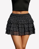 Black polka-dot mesh tiered ruffle short skirt with layered flounces.