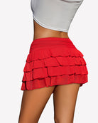 Red tiered ruffle short skirt with stacked layered flounces.