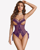 Dark purple lace teddy bodysuit with lace cups, sheer mesh, and ribbon side ties