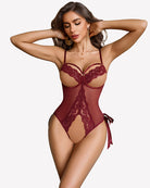 Wine red lace teddy bodysuit with lace cups and center lace panel, sheer mesh, ties