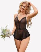 Black sheer cami romper with lace V-neck and scalloped hem