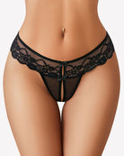 Black lace t-back thong with floral lace band and bow accent over mesh