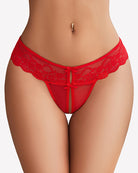 Wine red lace t-back thong with scalloped lace waistband and bow at center