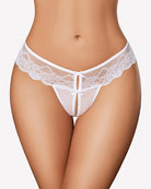 White lace t-back thong with scalloped lace trim and ribbon bow at the front
