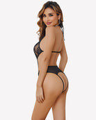 Black lace halter bodysuit teddy with open back and V-neck front
