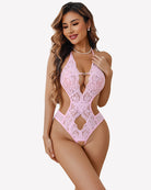 Pink lace deep V halter bodysuit teddy with keyhole front and scalloped trim
