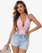 Light pink lace deep V halter bodysuit teddy with keyhole front and floral lace trim