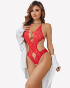 Red lace deep V halter bodysuit teddy with keyhole front and sheer lace panels