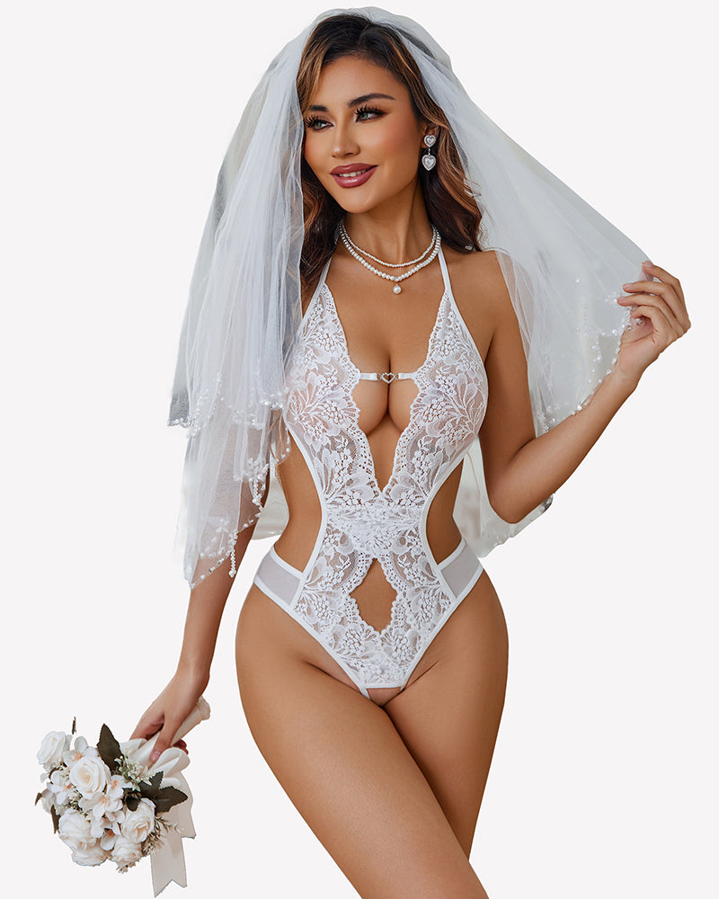 White lace deep V halter teddy with scalloped trim and keyhole cutout