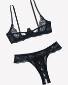 Black lace underwire push-up bra and thong panty set