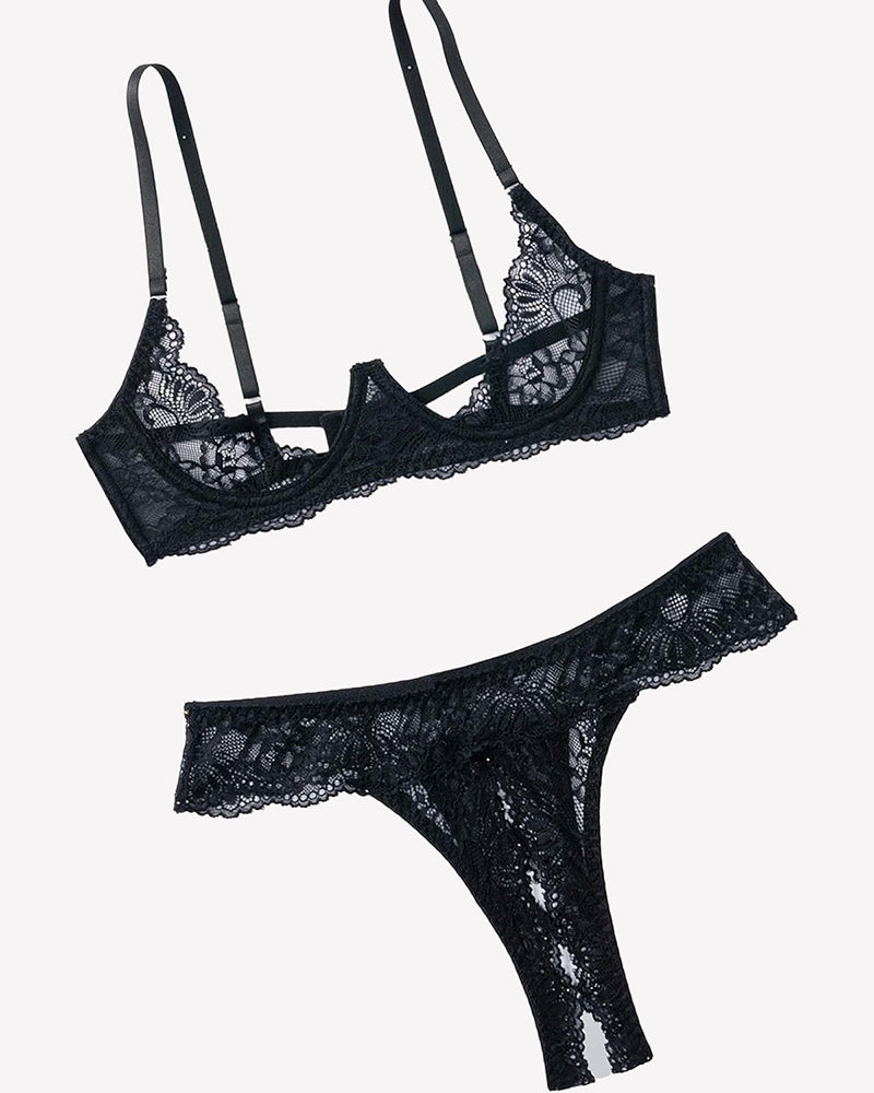 Black lace underwire push-up bra and thong panty set