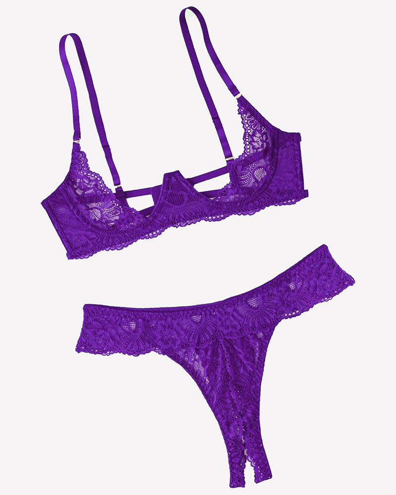 Purple lace underwire push-up bra and thong panty set