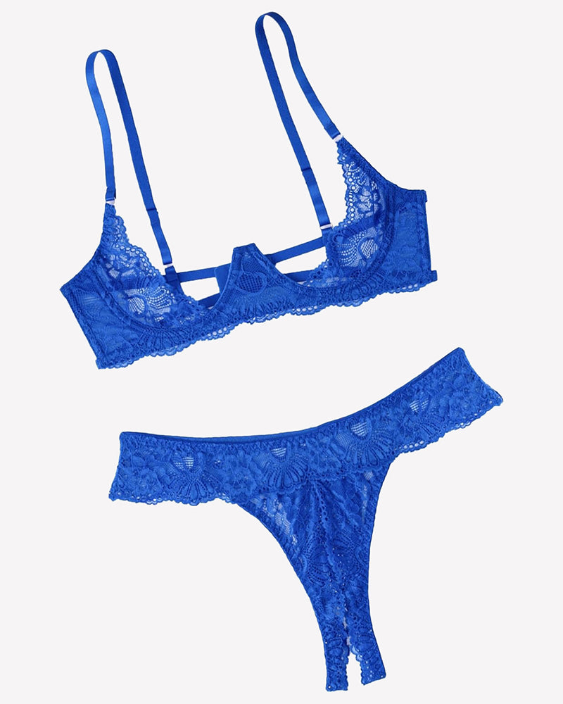 Royal blue lace underwire push-up bra and thong panty set