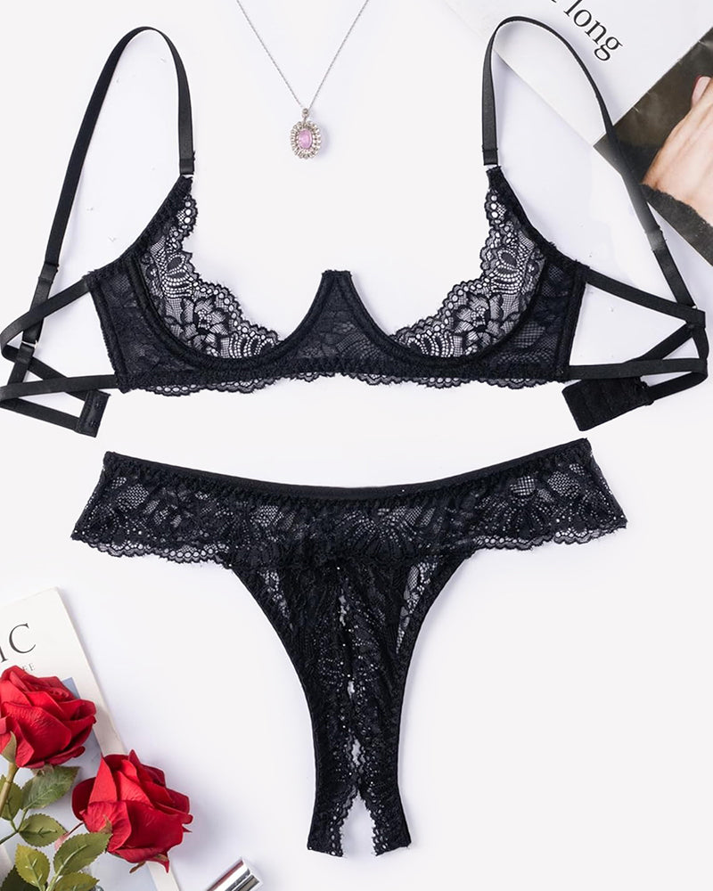Black lace underwire bra and matching thong set